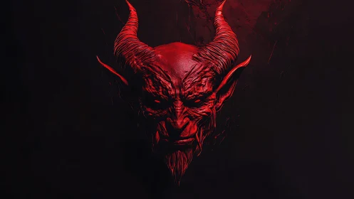 Red horned demonic head emerging from dark void background.