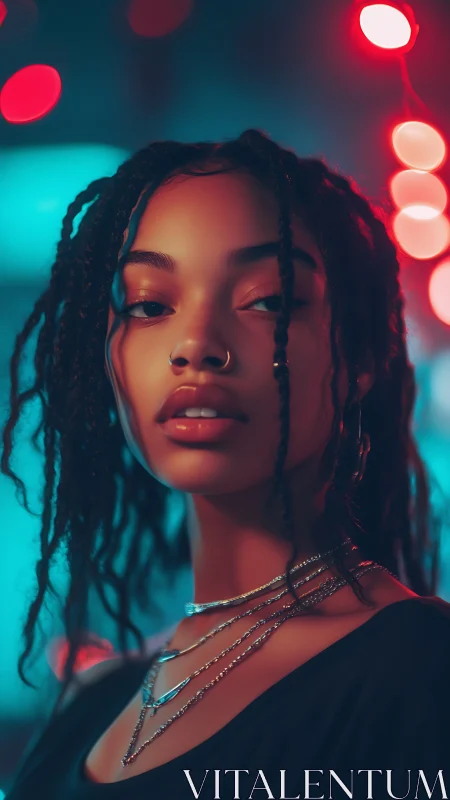 Soft neon portrait glowing with quiet nighttime confidence.