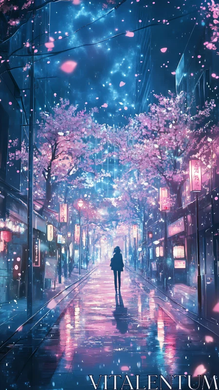 Silhouette walks through neon city street under cherry blossoms