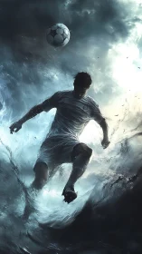 Soccer player in stormy swirling water atmosphere.