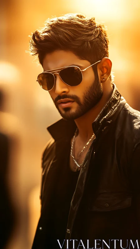 Man in sunglasses and leather jacket under warm backlight.