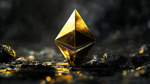 Golden crystal pyramid sculpture in dark rocky setting.