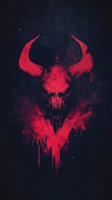 Red horned skull emblem on dark abstract background.