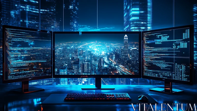 Cyberpunk code ops workstation with panoramic cityscape interface.