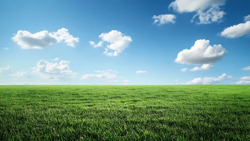 Sunny green meadow under a wide open blue summer sky.