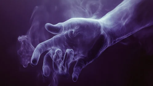 Ghostly violet hand drifting through soft swirling smoke.