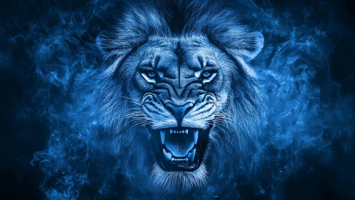Midnight roar of the electric lion crowned in swirling smoke.