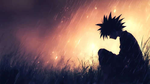Silhouetted anime figure in rain against bright dusk sky.