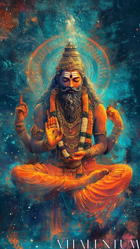 Meditative Hindu sage in vibrant cosmic digital artwork.