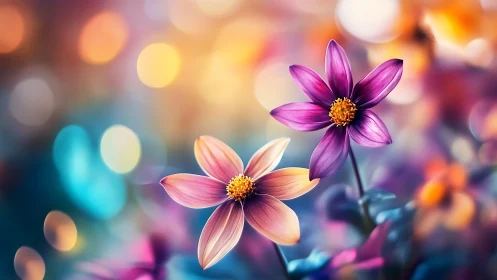 Digital rendering of cosmos flowers with soft bokeh background.
