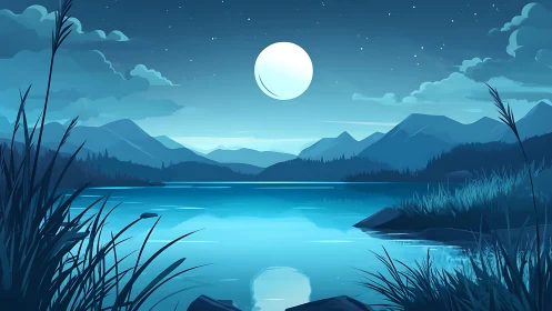 Stylized nocturnal lake with layered mountains under high full moon