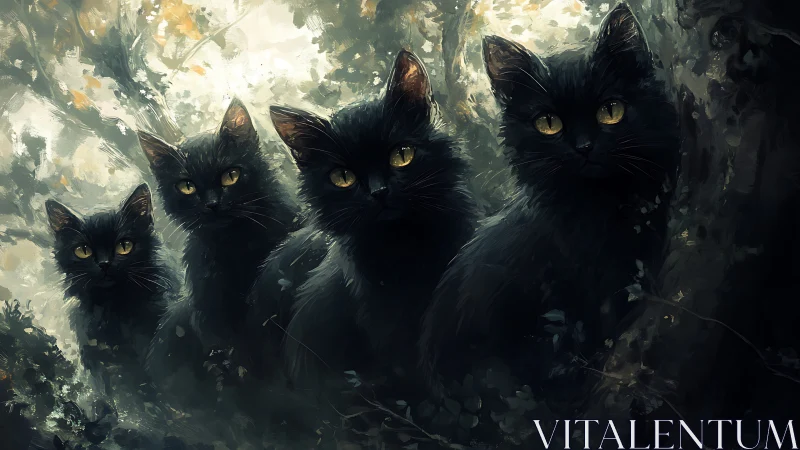 Four Black Cats with Luminous Eyes Emerge from Atmospheric Forest Foliage