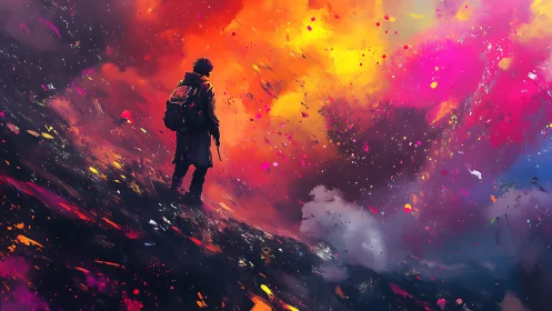 Chromatic stormfront with solitary hiker in dynamic ascent.