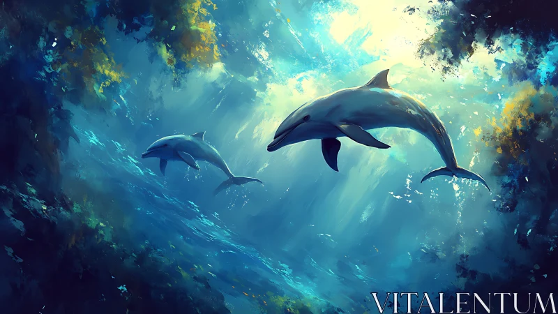 Dolphins swimming through sunlit underwater seascape.