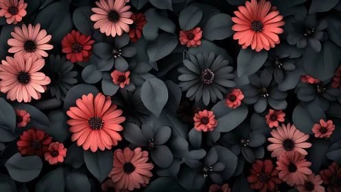 Composite floral arrangement with coral and black flowers on layered foliage background