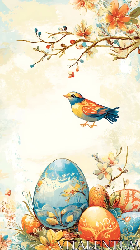 Springtime songbird guards painted Easter egg garden.