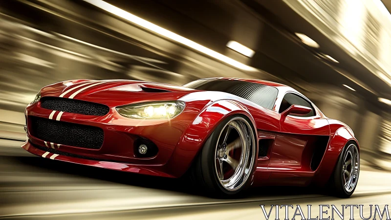 Sleek red sports car racing through a glowing city tunnel.