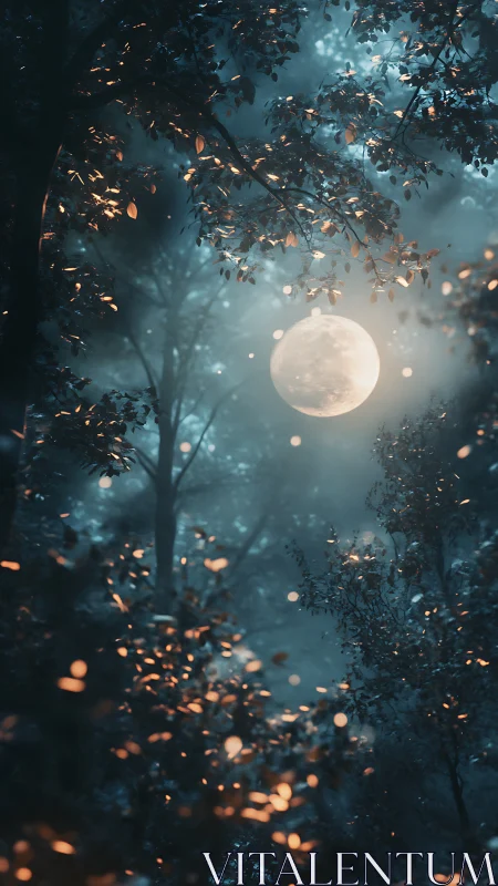 Digital forest scene shows full moon framed by dense foliage
