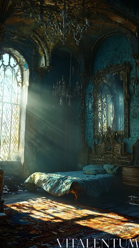 Sunlit ruins cradle a tattered royal bed’s last quiet breath.