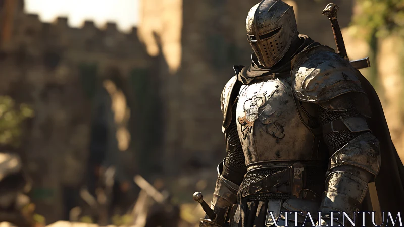 Armored knight stands vigilant before weathered stone walls.