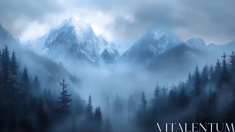 Snow-covered mountain range rises above dense forest fog