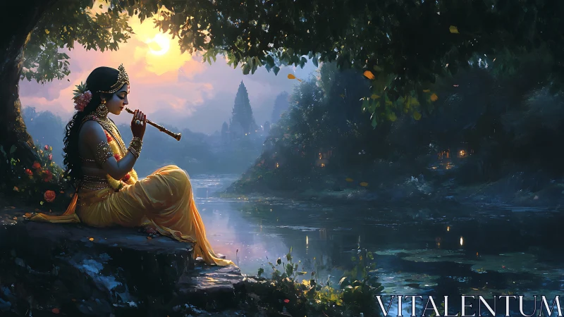 Moonlit riverbank goddess playing flute in ornate regalia