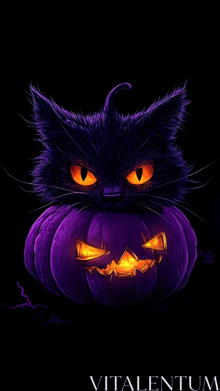 Neon-eyed black cat emerging from a glowing violet jack-o’-lantern