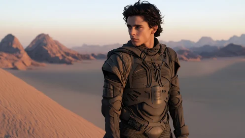 Lone desert wanderer in sleek sci fi armor at sunrise.