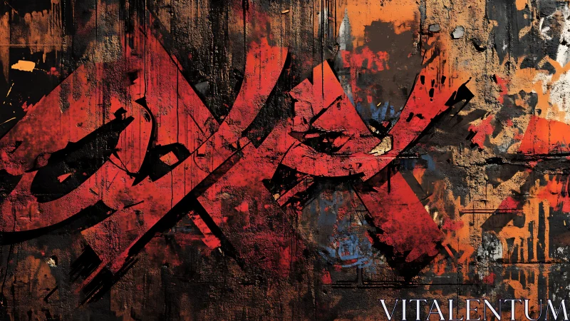 Red abstract graffiti script spans textured concrete wall