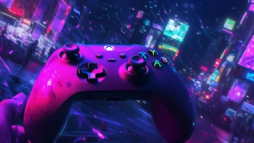 Neon city lights glow around a bold gaming controller hero