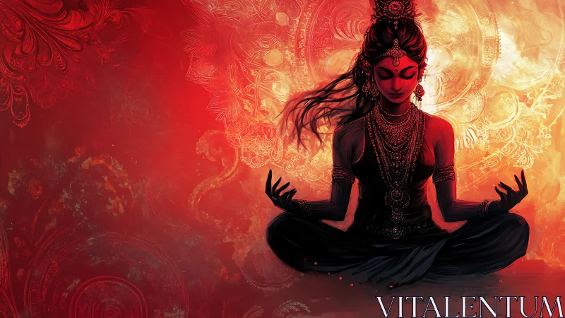 Seated female figure in meditative pose against ornate backdrop