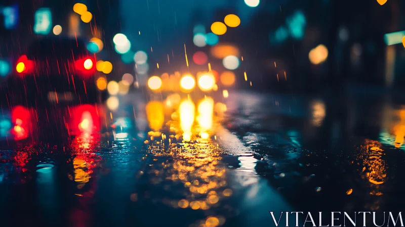 Rainy city street shows blurred car lights on wet pavement