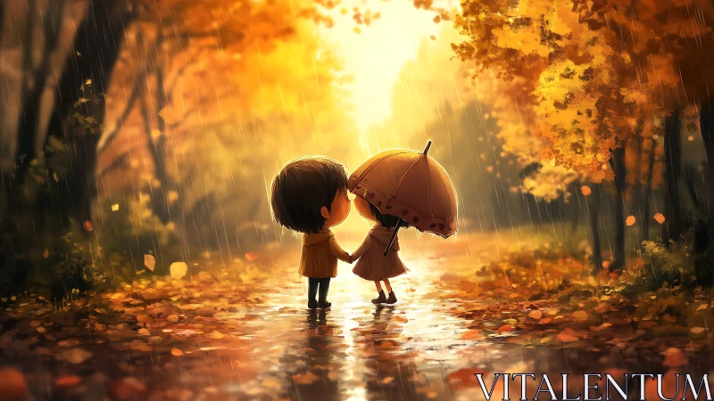 Two Figures Share Umbrella Under Autumn Rain With Golden Backlit Ambiance