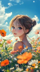 Anime girl in bright flower field under vivid blue sky.