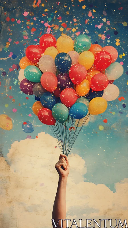 Hand Holding Colorful Balloons Rising into Clouds