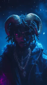 Neon ram‑crowned wanderer stalks through electric midnight fog