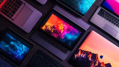 Color-rich laptop array with vivid gradient screen displays.