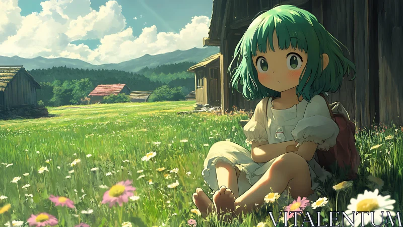 Rural anime girl in luminous meadow with volumetric lighting.