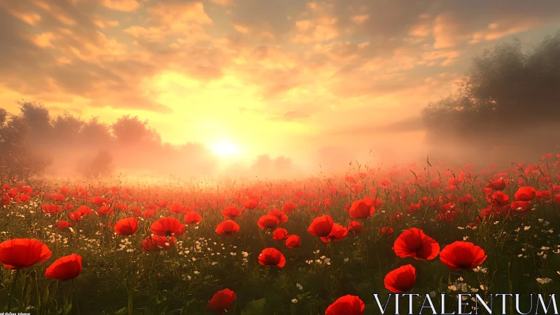 Sunlit poppy field with morning mist and distant trees.