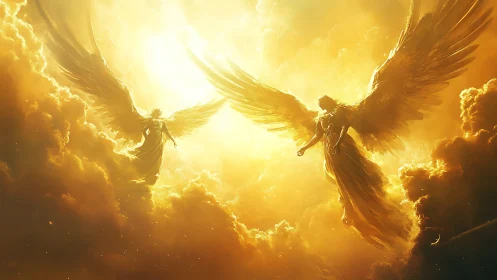 Radiant golden angels ascend through blazing celestial clouds