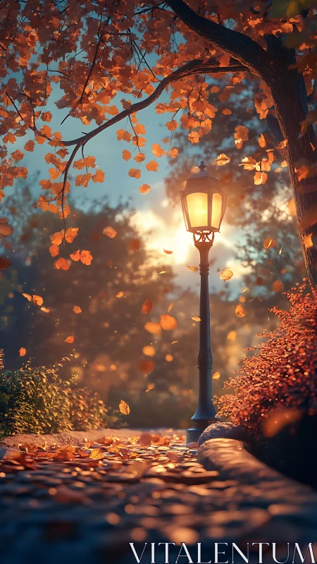 Autumn lantern glow over cobblestone path at sunset.