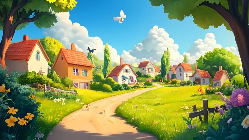Sunlit stylized village road with saturated colors and soft shading