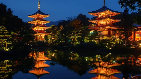 Nocturne temple reflections in illuminated pagoda architecture.