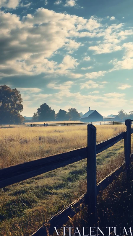 Low-angle rural pasture at sunrise with wooden fence and barn
