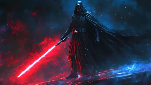 Hooded armored figure with red energy sword in nebula field.