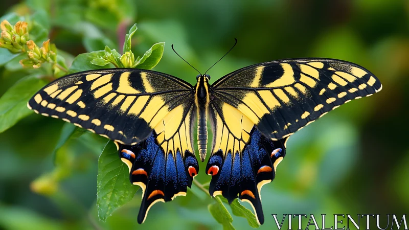 Yellow and black butterfly resting on green foliage.