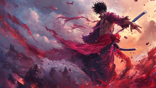 Dynamic warrior in crimson storm, high-impact digital painting.