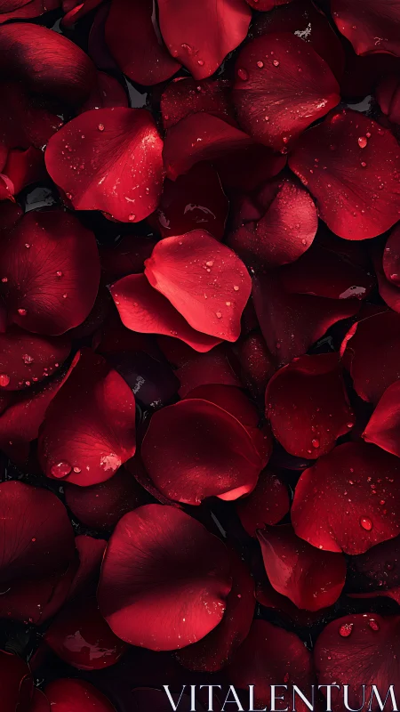 Red rose petals with water droplets arranged in dense composition