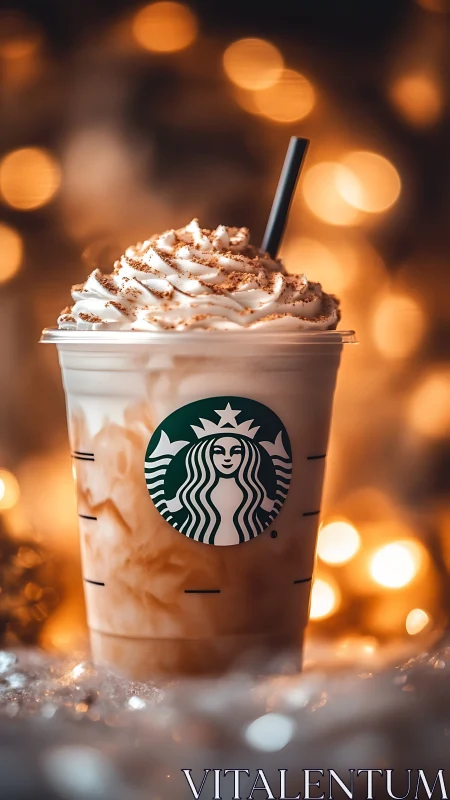 Iced blended coffee with whipped cream under warm bokeh lighting