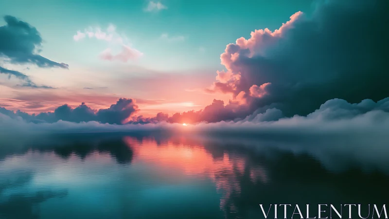 Sunset sky reflects over calm water beneath towering clouds